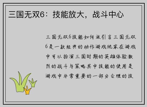 三国无双6：技能放大，战斗中心